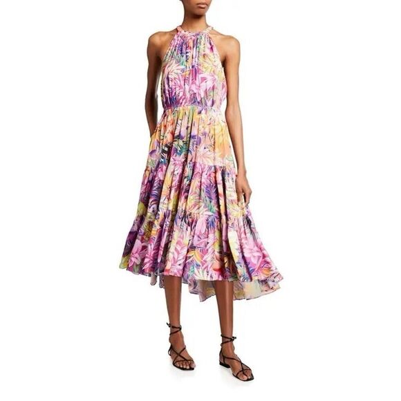 Kobi Halperin Hope Floral Tiered Halter Dress Pink Sleeveless Multi Sz S $498 - Picture 1 of 9
